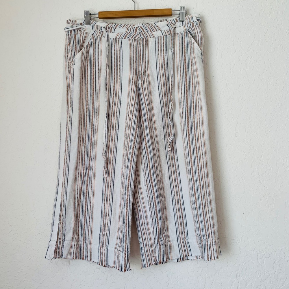 Democracy Pants Women 12 Linen Blend Wide Leg Crop Striped Coastal Resortwear